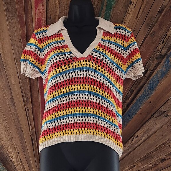 Mother multi striped knitted/chrochet  open stitch cotton polo blouse/sweater XS - Picture 3 of 9